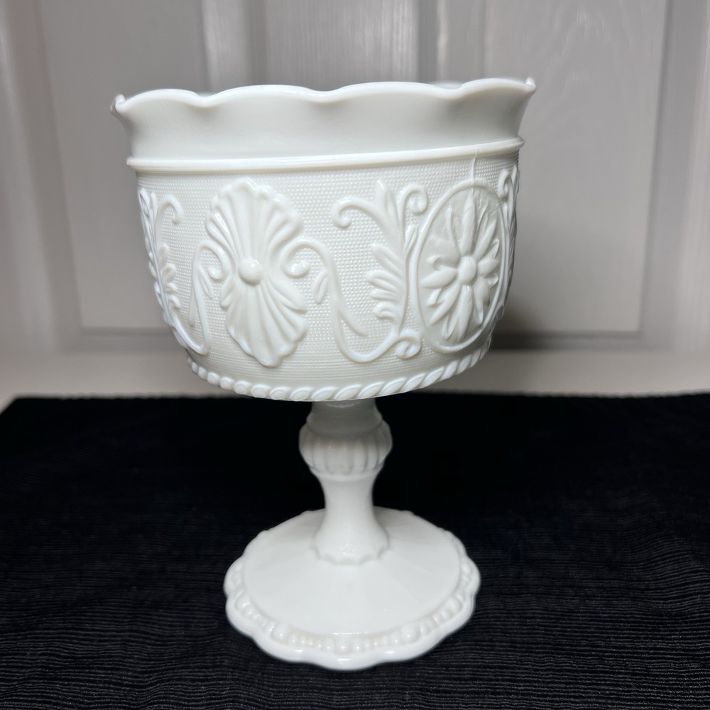 Vtg Indiana Glass Milk Glass Compote Floral Medallion 6.5"